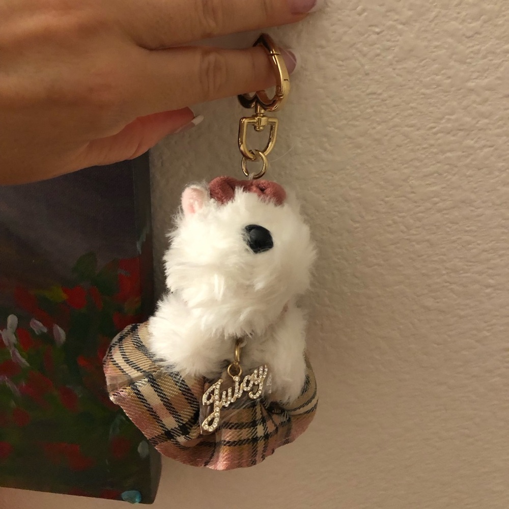 Juicy Couture White Plush Dog Keychain with Plaid Bow and Gold Charm, new